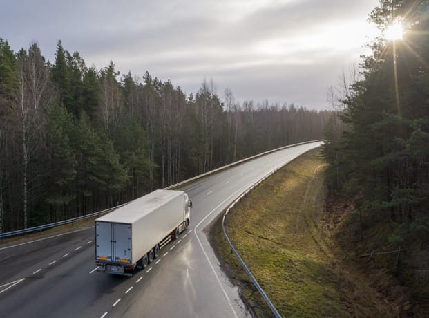Un camion circulant sur une route forestière.