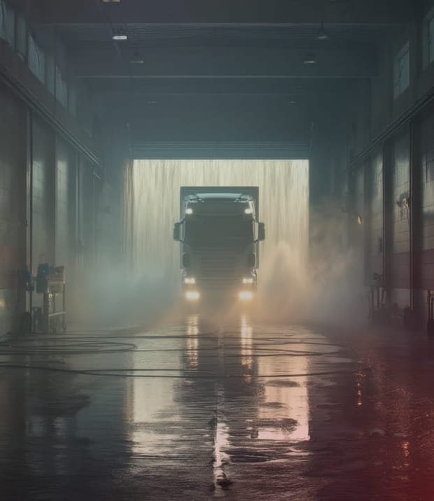 Truck driving through a wash bay.