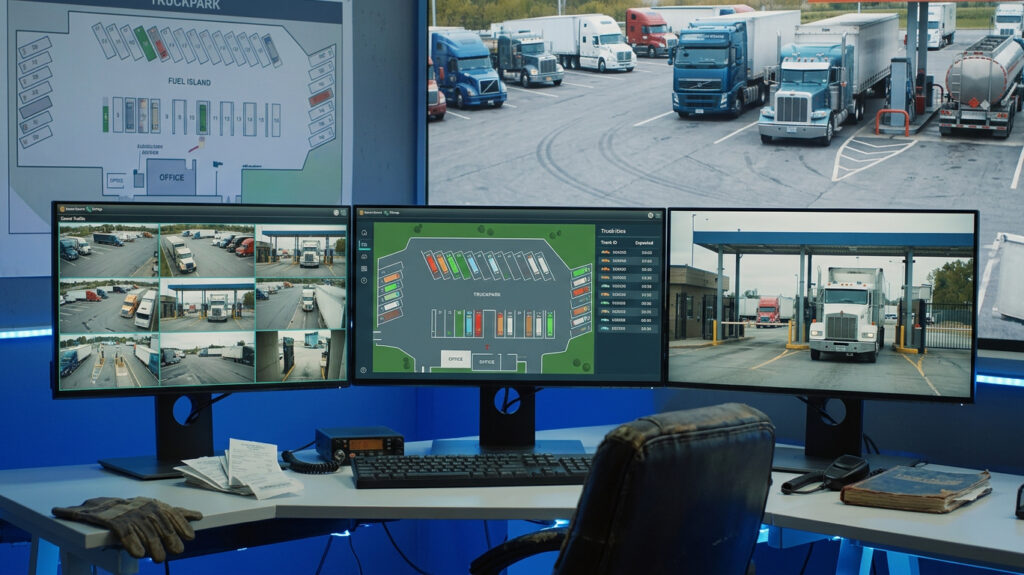 Truck park control room showing CCTV feeds and a digital parking layout on monitors.